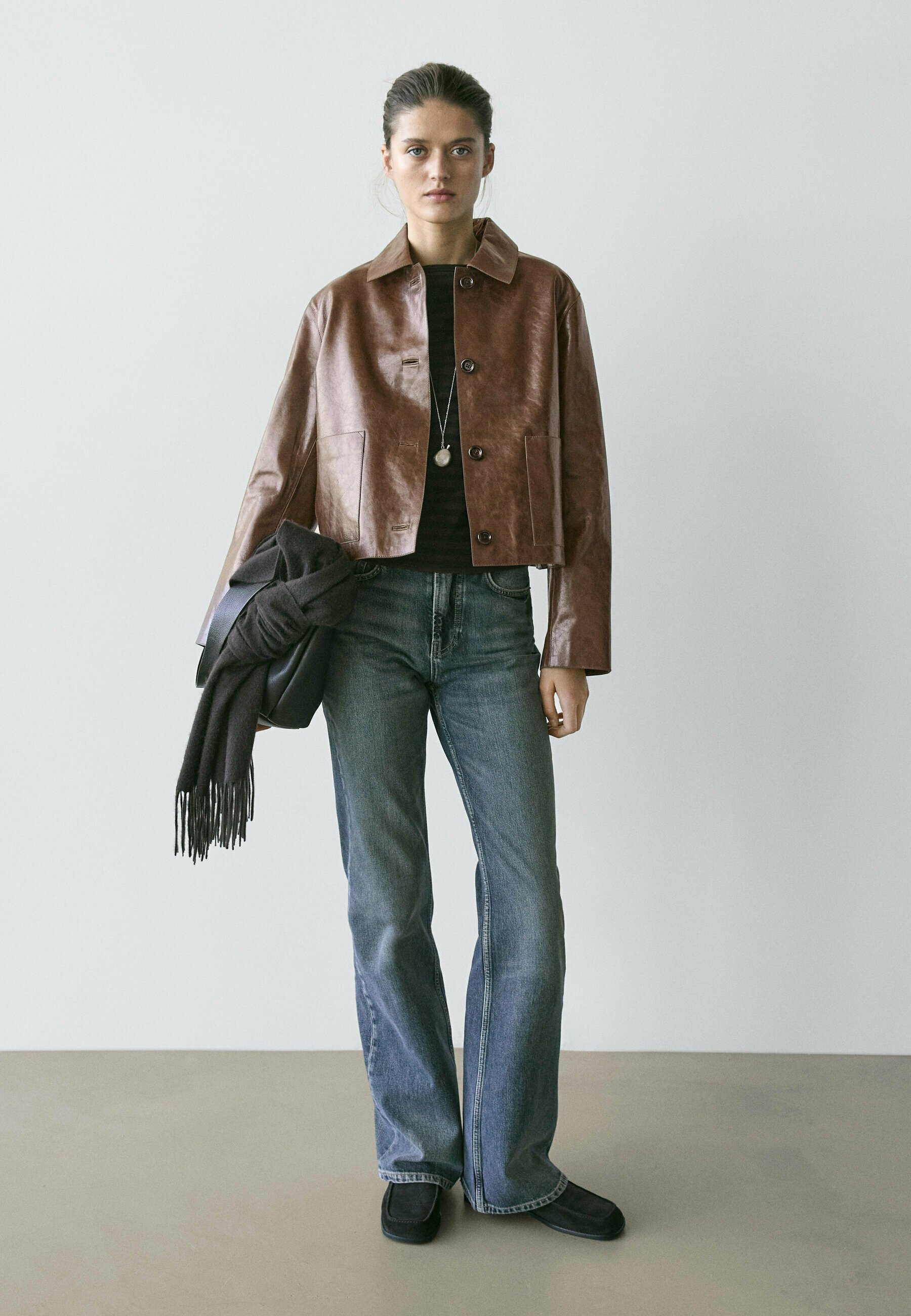Massimo Dutti CROPPED - Leather jacket - mottled brown - Zalando