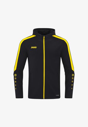 Schwarze Zip-Jacke mit gelben Akzenten, Logo auf der Brust und Knopfdetaills an den Ärmeln. Hergestellt aus glattem, elastischem Material.