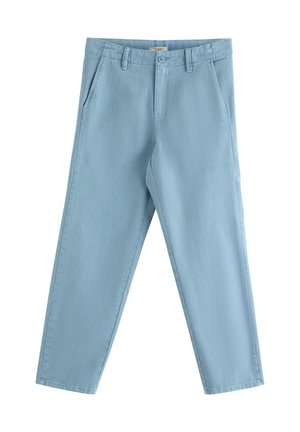 Pantaloni casual color azzurro chiaro, a gamba dritta, con tasche frontali, passanti per cintura e chiusura con bottone in vita.