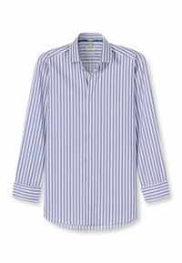 Langarmhemd in hellblau und weißen vertikalen Streifen, Knopfverschluss, klassischer Kragen, abgerundeter Saum und kontrastierende gestreifte Manschettendetails.