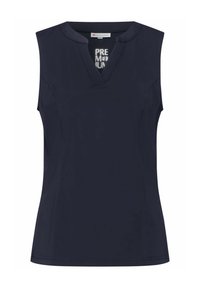 Marinblå ärmlös topp med V-ringning, som har en mjuk textur och rena linjer, konstruerad för en åtsittande silhuett.