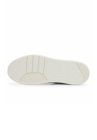 Sohle eines Sneakers, aus weißem Gummi mit strukturiertem Grip, eingeprägtem Logo und fünf horizontalen Rillen für Flexibilität.