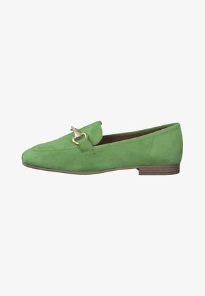 Green suede loafers with a rounded toe, a small heel, and a decorative metallic accent on the vamp. Smooth texture throughout.
