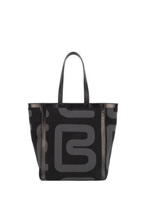 Borsa tote nera con grandi motivi geometrici stilizzati di colore grigio scuro e doppi manici a spalla, su uno sfondo bianco.