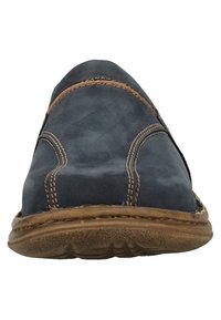 Navy blue suede slip-on shoe with brown stitching; rounded toe design and textured rubber sole. No visible pattern or hardware details.