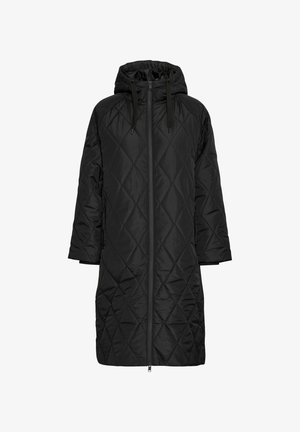 Mustvalge pikem vooderdatud jakk kapuutsiga, millel on tõmblukuga kinnitamine, teemantmuster ja suured küljetaskud. Valmistatud kergetest materjalidest.