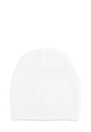 Berretto lavorato a maglia bianco, materiale morbido, parte superiore arrotondata, risvolto a coste alla base, costruzione senza cuciture, tessuto leggero.