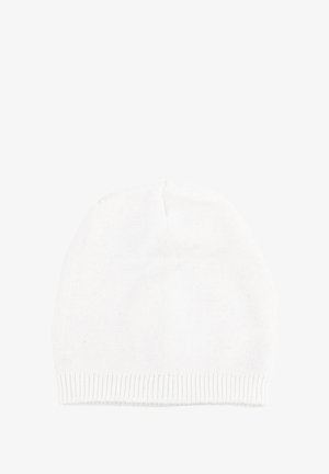 Berretto lavorato a maglia bianco, materiale morbido, parte superiore arrotondata, risvolto a coste alla base, costruzione senza cuciture, tessuto leggero.