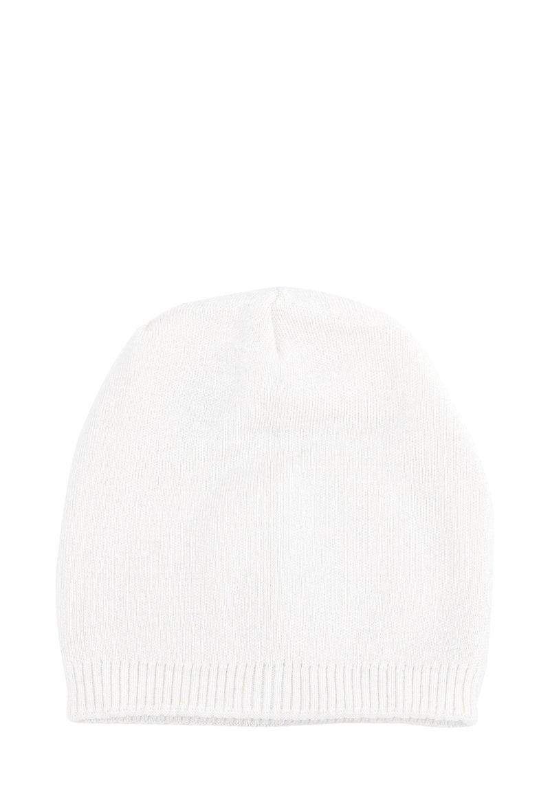 Berretto lavorato a maglia bianco, materiale morbido, parte superiore arrotondata, risvolto a coste alla base, costruzione senza cuciture, tessuto leggero.