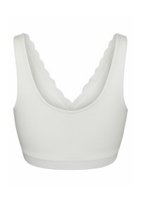 White cotton bralette with a scalloped lace trim along the neckline and without underwire, featuring a simple sports-bra design.