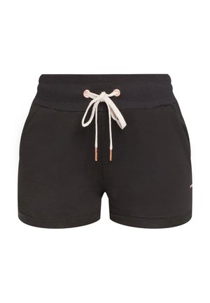 Schwarze Baumwollshorts mit einem gerippten Bund, Kordelzug und kontrastierendem Material am Saum. Mit roségoldenen Hardware-Details.