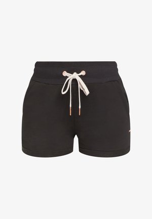 Schwarze Baumwollshorts mit einem gerippten Bund, Kordelzug und kontrastierendem Material am Saum. Mit roségoldenen Hardware-Details.
