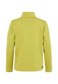 Lange mouwtop van heldergele stof met een hoge kraag. Heeft een gladde textuur en een minimalistisch ontwerp, zonder zichtbare hardware of patronen.