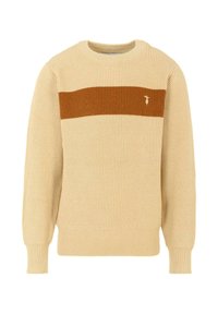 Beżowy sweter prążkowany z brązowym poziomym paskiem na wysokości klatki piersiowej i małym detalem logo. Posiada okrągły dekolt i długie rękawy.