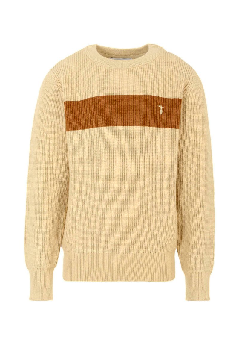 Beżowy sweter prążkowany z brązowym poziomym paskiem na wysokości klatki piersiowej i małym detalem logo. Posiada okrągły dekolt i długie rękawy.