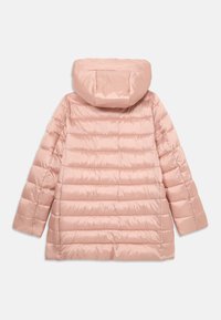 Giacca imbottita con cappuccio di colore rosa chiaro, con una finitura lucida, cuciture orizzontali e maniche leggermente over size.