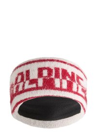 Bentita tricotata cu dungi rosii si albe. Prezinta cuvantul „ALPINE” cu litere mari, textura moale si captuseala interioara neagra.