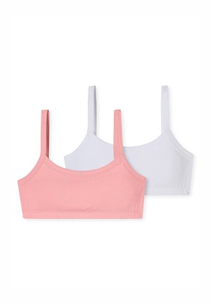 Twee bralettes: één roze en één wit. Gemaakt van zachte, rekbare stof met dunne bandjes en een eenvoudig, naadloos ontwerp. Geen hardware of versieringen.