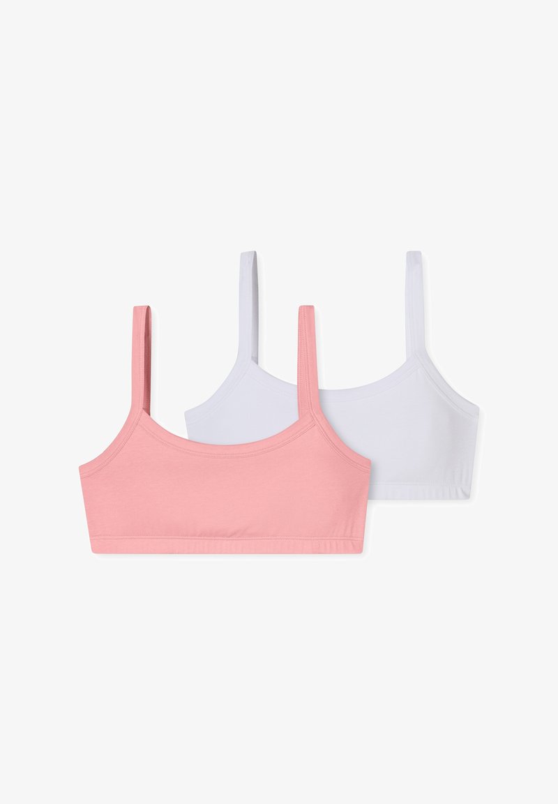 Dvě podprsenky: jedna růžová a jedna bílá. Vyrobené z měkké, elastické tkaniny s tenkými ramínky a jednoduchým, bezšvovým designem. Žádné kovové součásti ani ozdoby.