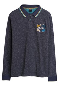 Polo shirt met lange mouwen, in marineblauwe mélange stof, voorzien van een kleurrijk geborduurd logo op de borst, met gestreepte kraag en manchetten.