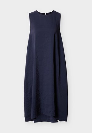 Navy blue sleeveless dress with a round neckline and loose fit, made from lightweight fabric, featuring a knee-length hem and a subtle texture.