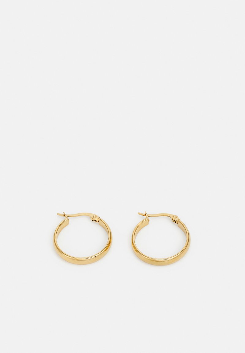 Gold hoop earrings with a polished finish, round shape, and a latch closure. Smooth texture with a simple, classic design.