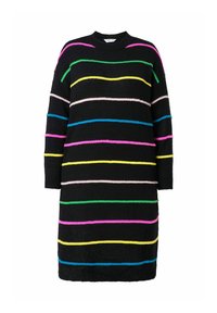 Schwarzes Strickkleid mit mehrfarbigen horizontalen Streifen in Pink, Gelb, Grün, Blau und Weiß. Rundhalsausschnitt mit langen Ärmeln.