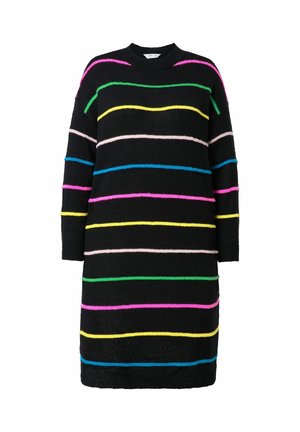 Abito a maglia nero con strisce orizzontali multicolori in rosa, giallo, verde, blu e bianco. Collo a girocon maniche lunghe.
