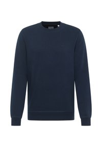 Navy blue sweatshirt with a round neck, long sleeves, ribbed cuffs, and a subtle logo on the chest, made of soft fabric.