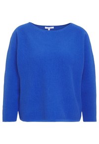 Blå ribbad tröja med en bred rund halsringning och långa ärmar. Mjuk textur, avslappnad passform och rak fåll.