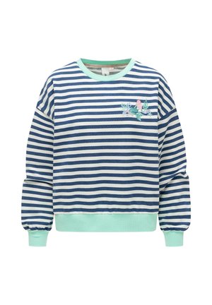 Blå og hvit langermet skjorte med horisontale striper, mintgrønne mansjetter og krage, med liten blomsterbroderi på brystet.