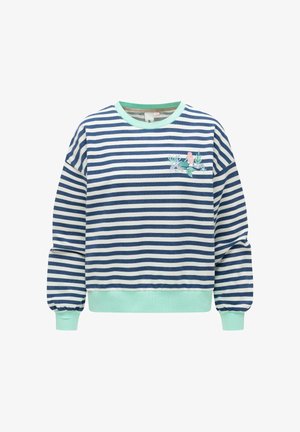 Blå og hvit langermet skjorte med horisontale striper, mintgrønne mansjetter og krage, med liten blomsterbroderi på brystet.