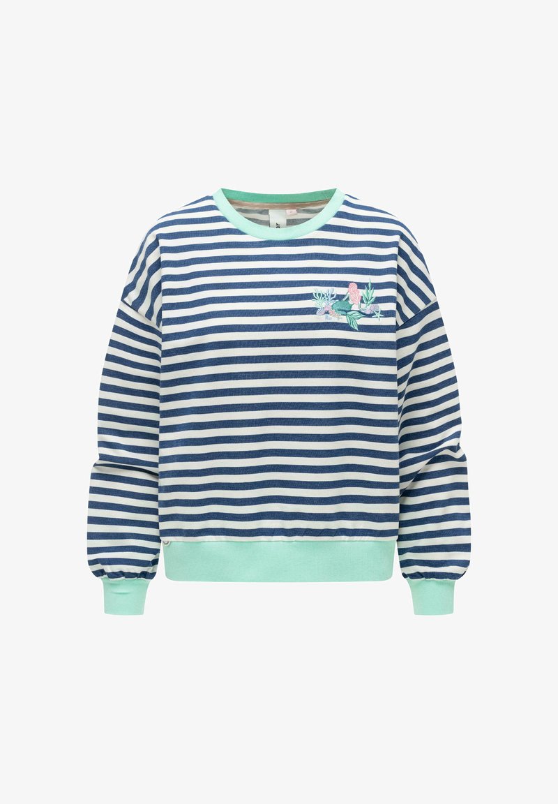 Maglietta a maniche lunghe a righe orizzontali blu e bianche con polsini e colletto verde menta, caratterizzata da un piccolo ricamo floreale sul petto.