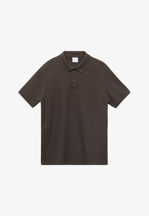 Tmavě hnědý polo tričko vyrobené z hladké bavlny, s klasickým límečkem, krátkými rukávy a zapínáním na dva knoflíky. Lehká látka.