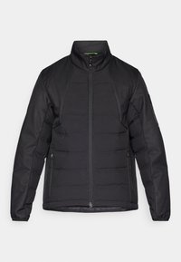 Μαύρο μπουφάν με επένδυση, υψηλό γιακά, φερμουάρ μπροστά και πλαϊνές τσέπες. Κατασκευασμένο από λείο, ελαφρύ υλικό με υφή.