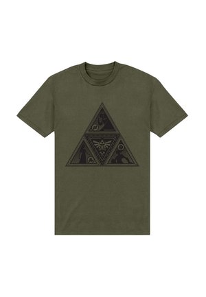 Olive green cotton t-shirt featuring a large black triangular graphic with intricate designs and symbols related to a fantasy theme.