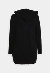 Svart huoodad tröja med långa ärmar, tillverkad av mjukt tyg, med en avslappnad passform och rak fåll. Minimalistisk design utan mönster.