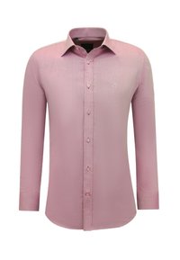 Heren overhemd met lange mouwen in lichtroze met een puntkraag en een klein geborduurd logo op de linkerborst.