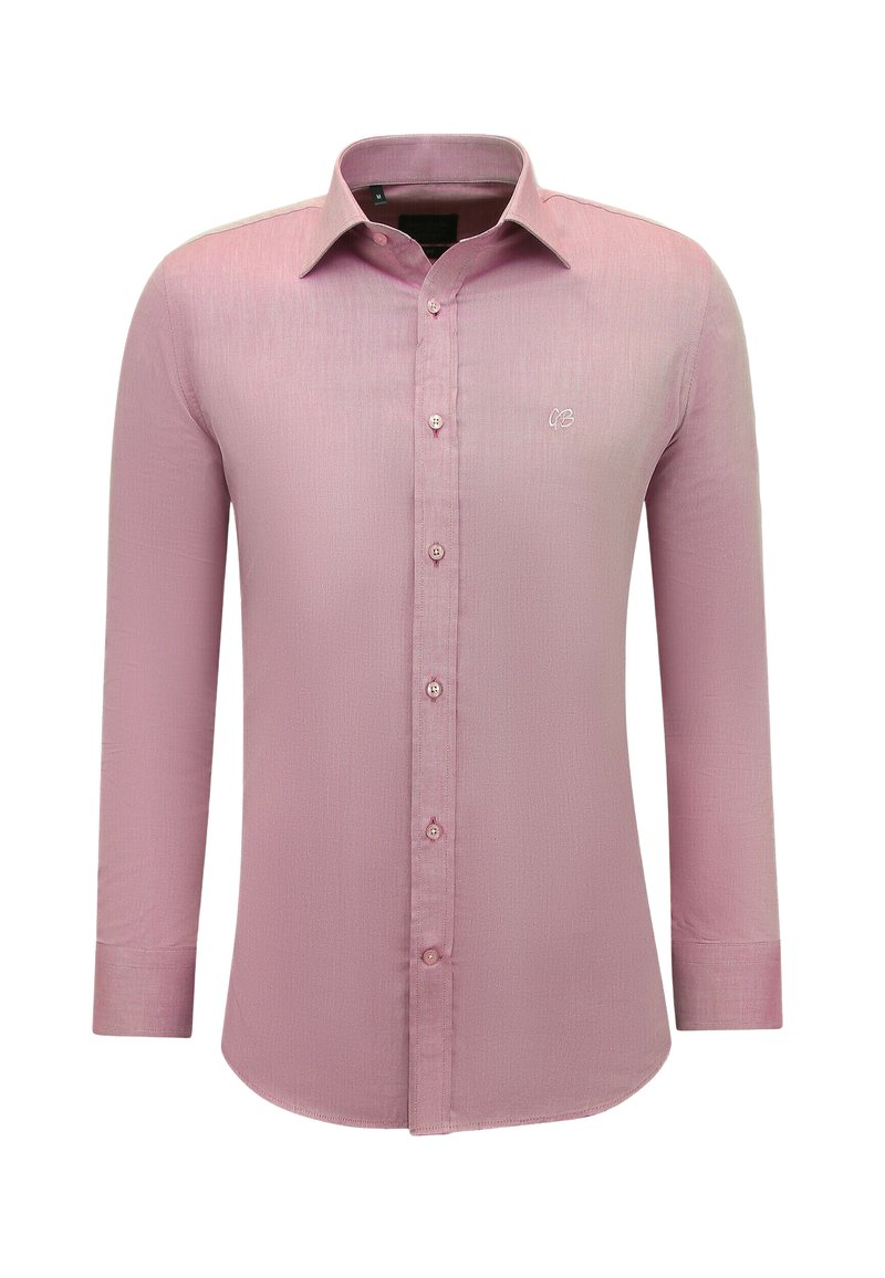 Heren overhemd met lange mouwen in lichtroze met een puntkraag en een klein geborduurd logo op de linkerborst.