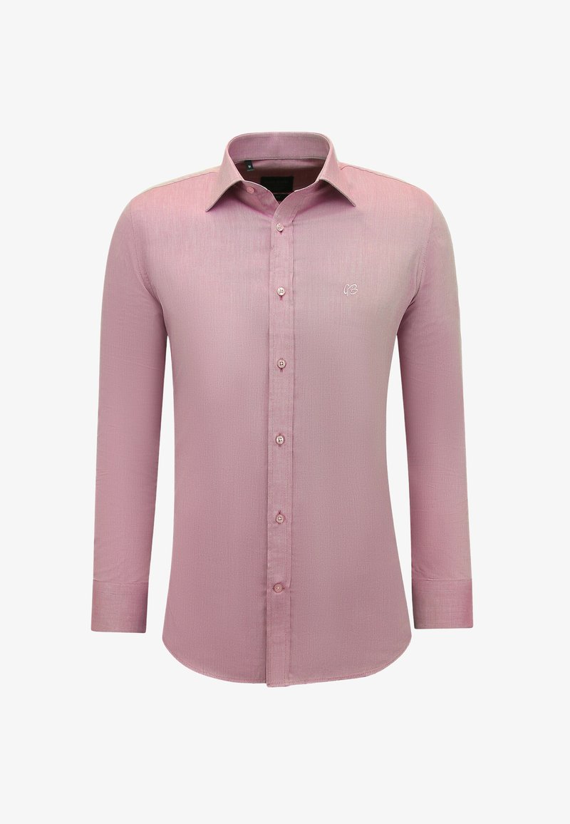 Heren overhemd met lange mouwen in lichtroze met een puntkraag en een klein geborduurd logo op de linkerborst.
