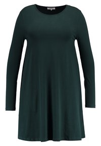 Długo rękawowa sukienka w ciemnozielonym kolorze, wykonana z gładkiego materiału. Posiada okrągły dekolt i luźny krój, sięgający do połowy uda.