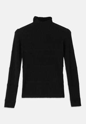 Sweater preto de gola alta com nervuras, mangas longas e acabamento texturizado. Apresenta riscas horizontais e um acabamento em ondas nas mangas.