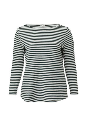 Langsleeve gestreepte t-shirt in marineblauw en wit, met een ronde halslijn en een gebogen zoom ontwerp, vervaardigd van zacht katoen.