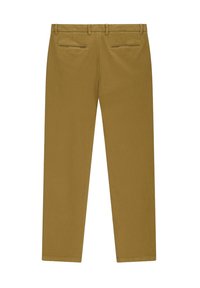 Bruine katoenen broeken met een recht-pijpen ontwerp, twee achterzakken en een vlakke voorkant. Voorzien van riemlussen en een gladde textuur.