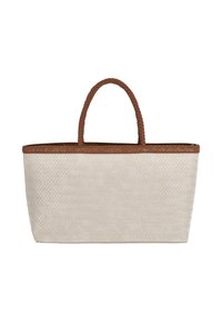 Bolso tote de paja trenzada en color crema, con un patrón de espiga texturizado, asas trenzadas marrones y una forma rectangular estructurada.