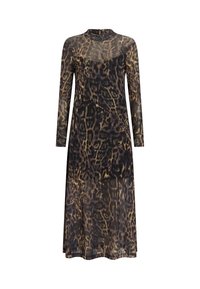 Μαύρο και καφέ μακρυμάνικο φόρεμα με σχέδιο λεοπάρ, που διαθέτει ψηλό λαιμό και ρέουσα διαφανή υφή.