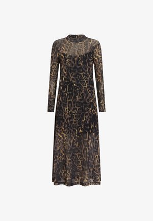 Black and brown long-sleeve dress with a leopard print pattern, featuring a high neckline and a flowing sheer texture.