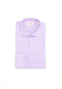 Camisa de dress a cuadros en lila claro, confeccionada con tejido de punto. Presenta un cuello clásico, mangas largas con puños abotonados y botones blancos.