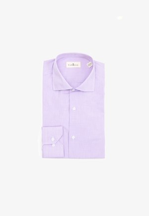 Camisa de dress a cuadros en lila claro, confeccionada con tejido de punto. Presenta un cuello clásico, mangas largas con puños abotonados y botones blancos.
