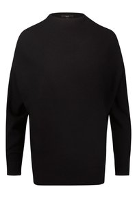 Pull noir à manches longues en maille, avec encolure ronde et poignets et ourlet côtelés, présenté sur un fond blanc uni.